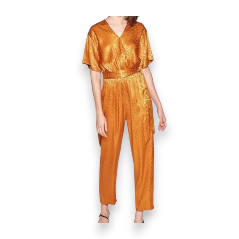 Joie Tau Leopard Print Copper Satin Jumpsuit